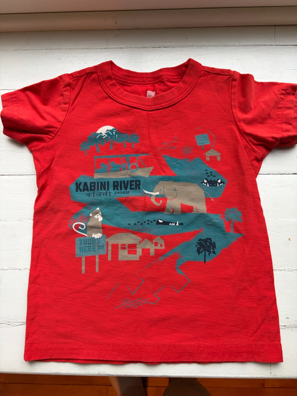 Tea Collection Red Short Sleeve Tee with Teal River & Elephant Graphic